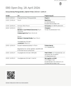 EBS Tag der offenen Tür am 5. April 2025, mit Zeitplan für Check-in, Foren, Informationsveranstaltungen und Networking-Möglichkeiten für Studierende und Interessierte. Veranstaltungsorte sind Campus Schloss und verschiedene Räume.