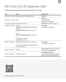 EBS Open House on September 5, 2026, featuring a schedule of events, lectures, and campus tours.