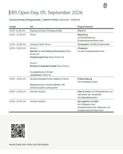 EBS Open Day Programm für den 5. September 2026, einschließlich Check-In, Foren und Informationsveranstaltungen für Studierende.