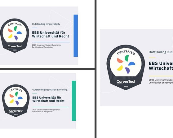 Zertifikate der EBS Universität für Wirtschaft und Recht, die herausragende Beschäftigungsfähigkeit, Kultur und Reputation auszeichnen.