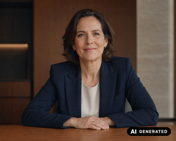 Eine Frau mit mittellangen, braunen Haaren sitzt an einem Tisch, trägt einen blauen Blazer und lächelt neutral in die Kamera.