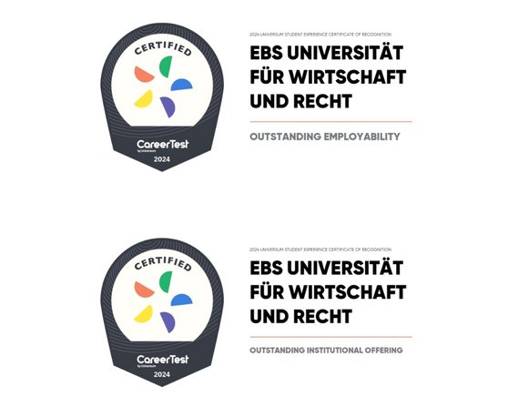 Certificate from EBS University of Business and Law, certifying outstanding employability and exceptional institutional offerings for the year 2024.