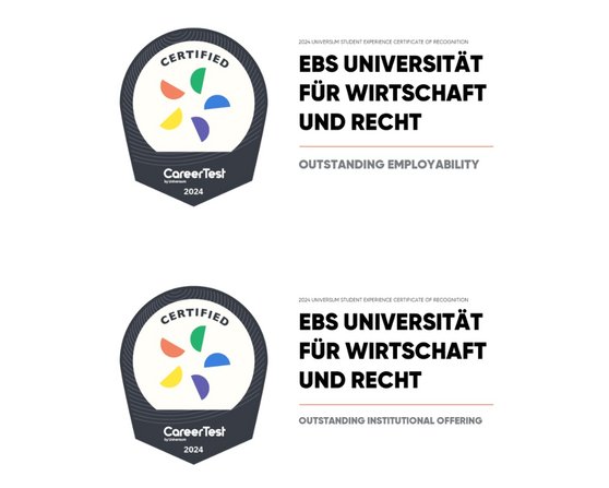 Zertifikat der EBS Universität für Wirtschaft und Recht, das die herausragende Beschäftigungsfähigkeit und das herausragende institutionelle Angebot für das Jahr 2024 bescheinigt.