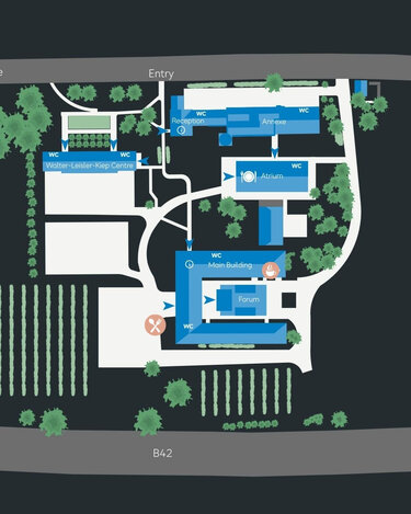 Site plan of an area featuring various buildings, including the main building, reception, and forum, surrounded by green spaces and vineyards. Entrances are marked, and a route is outlined.
