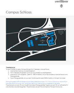 Map of the Schloss Campus of EBS University with parking areas P1 and P2, as well as directions from Wiesbaden.