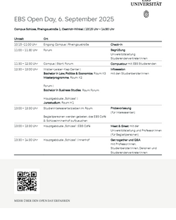 EBS Tag der offenen Tür am 5. April 2025, mit Zeitplan für Check-in, Foren, Informationsveranstaltungen und Networking-Möglichkeiten für Studierende und Interessierte. Veranstaltungsorte sind Campus Schloss und verschiedene Räume.