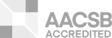 AACSB accredited, represented by a graphic logo featuring square elements in gray and black.