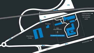 Map of the Erbs University campus showing the locations of Dormitory Cube, Pavilion, and parking areas (P1, P2). Notes on the proximity to the Hattenheim train station are also included.
