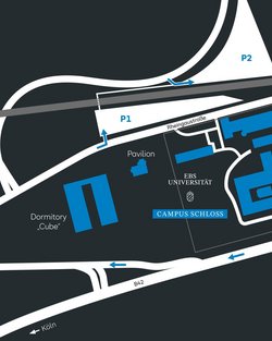Map of the Erbs University campus showing the locations of Dormitory Cube, Pavilion, and parking areas (P1, P2). Notes on the proximity to the Hattenheim train station are also included.