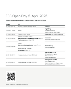 EBS Tag der offenen Tür am 5. April 2025, mit Zeitplan für Check-in, Foren, Informationsveranstaltungen und Networking-Möglichkeiten für Studierende und Interessierte. Veranstaltungsorte sind Campus Schloss und verschiedene Räume.