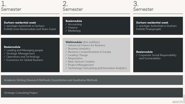 Studienplan für ein dreisemestriges Programm mit Modulen in Marketing, Finanzen, Unternehmensführung und Ethik. Enthält praktische Erfahrungen in Durham.