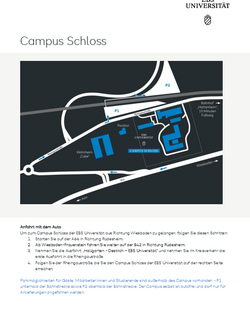 Karte des Campus Schloss der EBS Universität mit Anfahrtsbeschreibung und Parkmöglichkeiten für Besucher und Studierende.