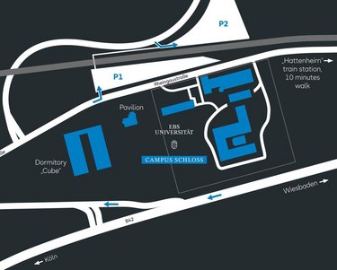 Map of the Erbs University campus showing various buildings such as the Dormitory Cube and the Pavilion, as well as the location of parking lot P2 and the route to the Hattenheim train station, which is a 10-minute walk away.