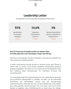 Leadership Letter der EBS Universität mit Statistiken zu KI-Projekten: 95% erfolgreich, 54,6% deutscher Unternehmen nutzen KI, 3% glauben an gute Vorbereitung.