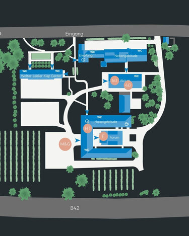 Lageplan eines Geländes mit Eingängen, Gebäuden, Toiletten und Grünflächen, umgeben von Straßen und Weinreben.