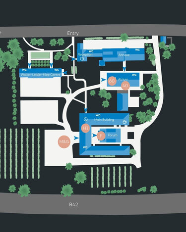 Site plan of an area with various buildings, including the main building, a forum, and a reception area. Markings indicate entrances and key points, surrounded by green spaces and vineyards.