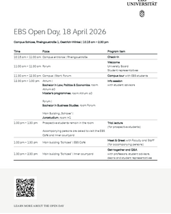 EBS Open Day schedule for April 5, 2025, detailing events from 10:30 AM to 2:30 PM, including check-in, campus tour, information sessions, lectures, and a meet and greet with university staff and student representatives.