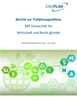 Report on the greenhouse gas balance of EBS University for Business and Law gGmbH, covering the period from January 1, 2023, to December 31, 2023, with environmental symbols.