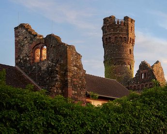 Eine teilweise verfallene Burg mit einem hohen Turm, umgeben von üppigem Grün und einem klaren Himmel im Hintergrund. Die Struktur zeigt historische Architektur und ist von einer Mauer umgeben.