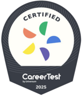 Certificate for CareerTest 2023, which honors outstanding institutional offerings. The design features a multicolored symbol within a round emblem with the word 'CERTIFIED.