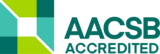 AACSB-accredited logo featuring geometric shapes in shades of green and blue.