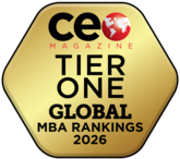 CEO Magazine Tier One Global MBA Rankings 2025, dargestellt in einem goldenen, sechseckigen Emblem mit einer Weltkugel.