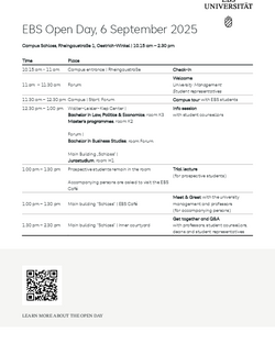 EBS Open Day schedule for April 5, 2025, detailing events from 10:30 AM to 2:30 PM, including check-in, campus tour, information sessions, lectures, and a meet and greet with university staff and student representatives.