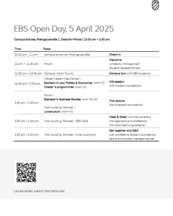 EBS Open Day schedule for April 5, 2025, detailing events from 10:30 AM to 2:30 PM, including check-in, campus tour, information sessions, lectures, and a meet and greet with university staff and student representatives.